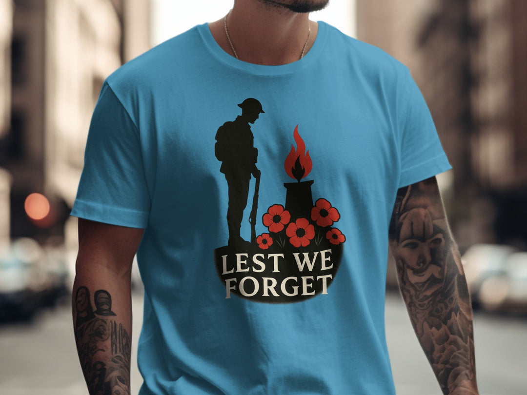 remembrance day men’s t-shirt with soldier, eternal flame and poppies — lest we forget