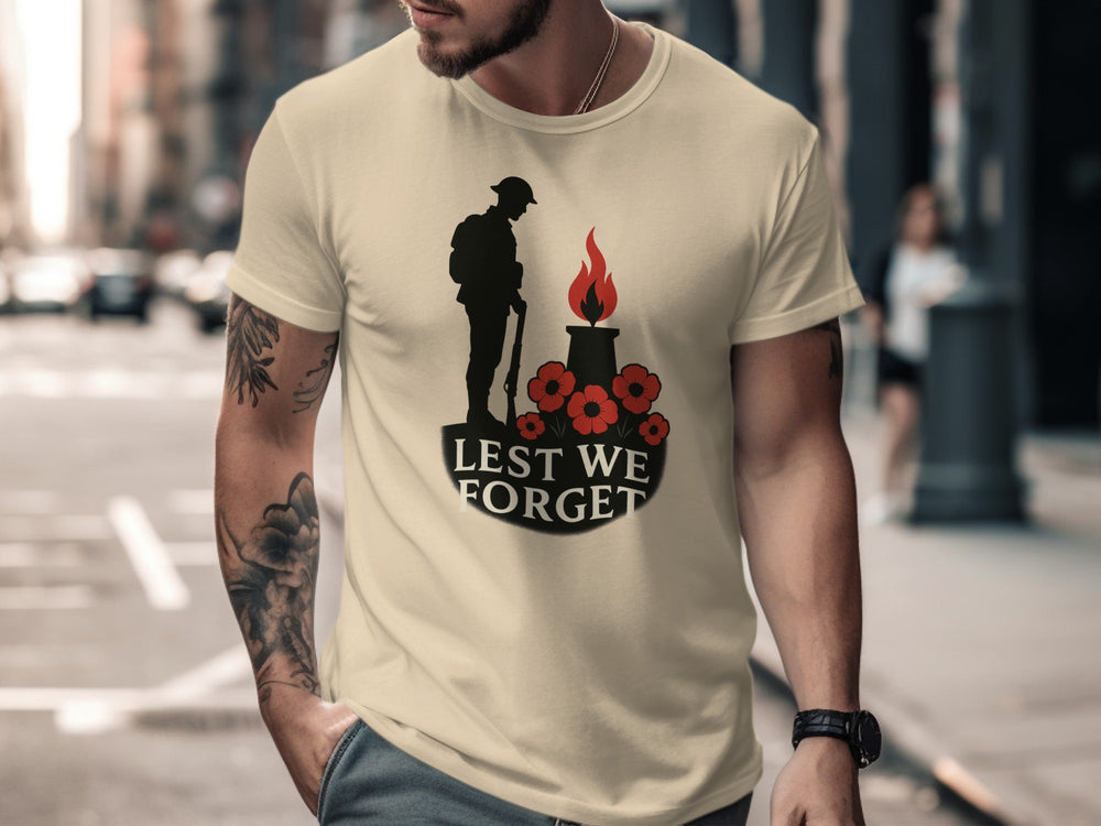 remembrance day men’s t-shirt with soldier, eternal flame and poppies — lest we forget