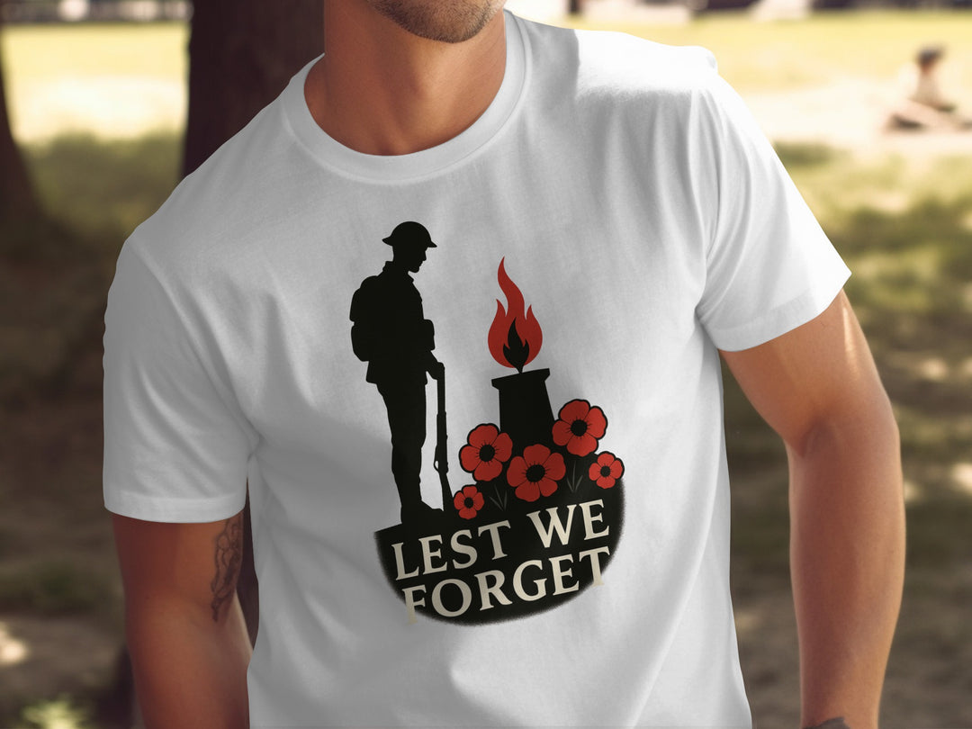 remembrance day men’s t-shirt with soldier, eternal flame and poppies — lest we forget