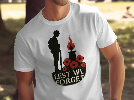 remembrance day men’s t-shirt with soldier, eternal flame and poppies — lest we forget
