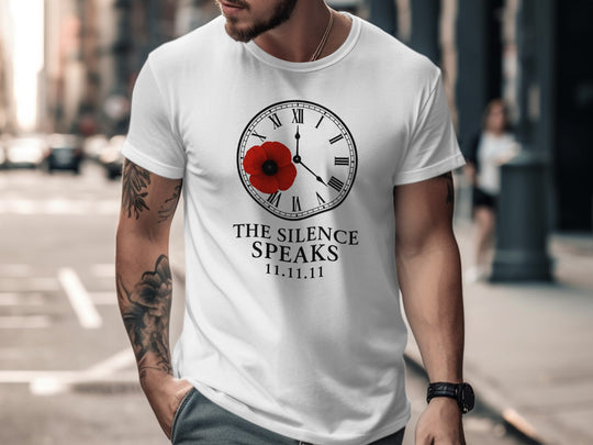 remembrance day men’s t-shirt with poppy and roman-numeral clock — the silence speaks