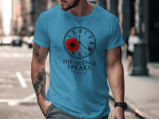 remembrance day men’s t-shirt with poppy and roman-numeral clock — the silence speaks