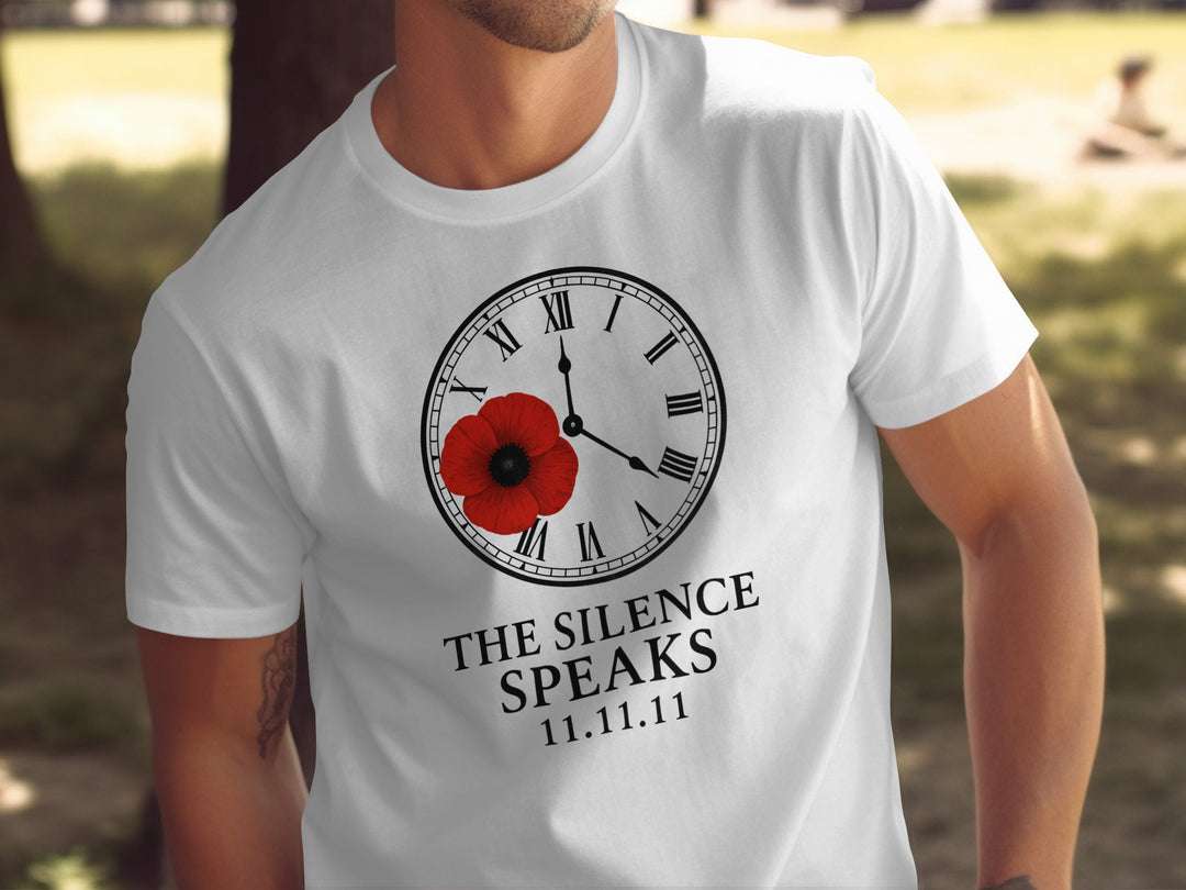 remembrance day men’s t-shirt with poppy and roman-numeral clock — the silence speaks