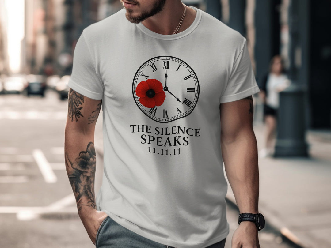 remembrance day men’s t-shirt with poppy and roman-numeral clock — the silence speaks