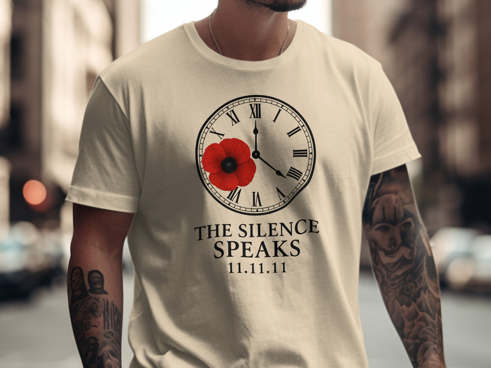 remembrance day men’s t-shirt with poppy and roman-numeral clock — the silence speaks