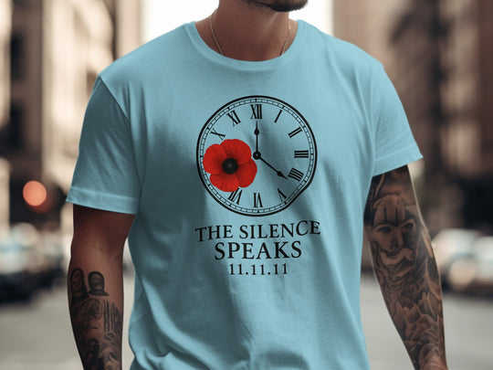 remembrance day men’s t-shirt with poppy and roman-numeral clock — the silence speaks