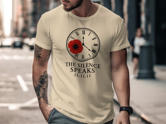 remembrance day men’s t-shirt with poppy and roman-numeral clock — the silence speaks