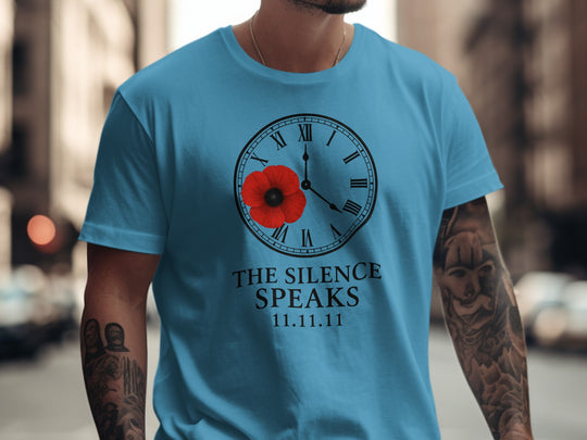 remembrance day men’s t-shirt with poppy and roman-numeral clock — the silence speaks