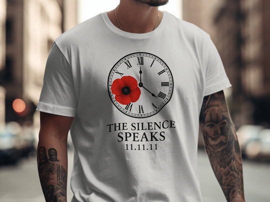 remembrance day men’s t-shirt with poppy and roman-numeral clock — the silence speaks
