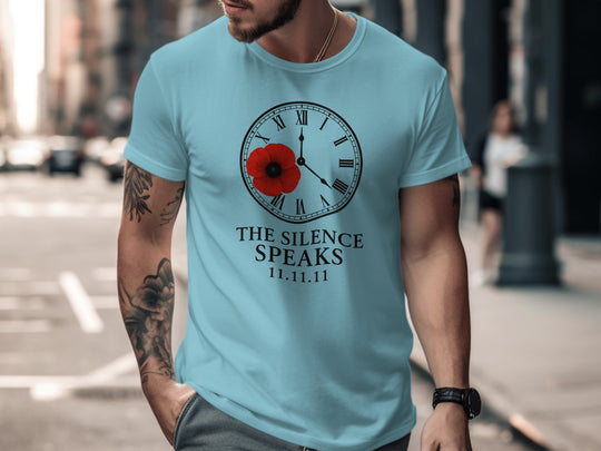 remembrance day men’s t-shirt with poppy and roman-numeral clock — the silence speaks
