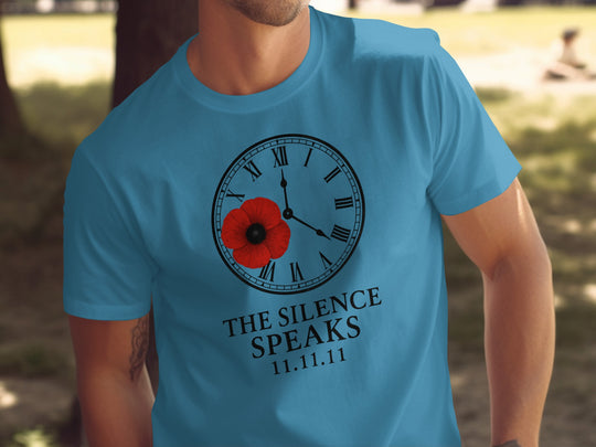 remembrance day men’s t-shirt with poppy and roman-numeral clock — the silence speaks