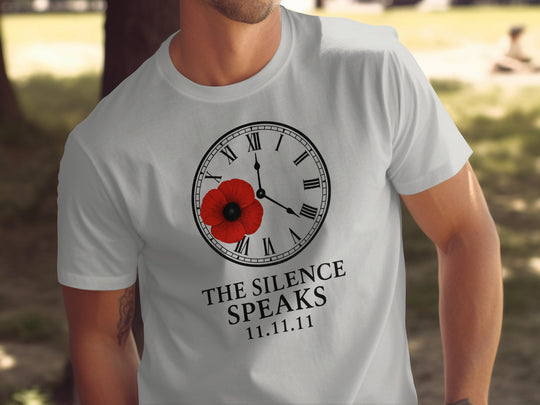 remembrance day men’s t-shirt with poppy and roman-numeral clock — the silence speaks
