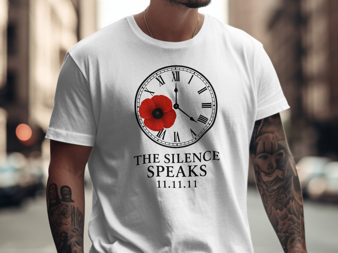 remembrance day men’s t-shirt with poppy and roman-numeral clock — the silence speaks