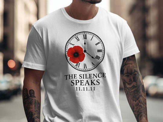 remembrance day men’s t-shirt with poppy and roman-numeral clock — the silence speaks