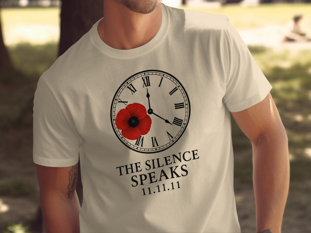 remembrance day men’s t-shirt with poppy and roman-numeral clock — the silence speaks