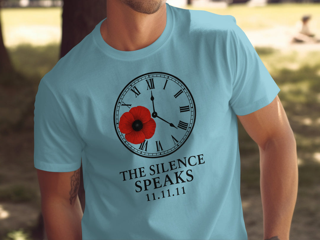remembrance day men’s t-shirt with poppy and roman-numeral clock — the silence speaks