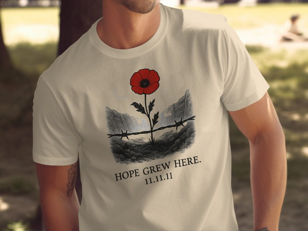 poppy growing through barbed wire trench — men’s remembrance day t-shirt