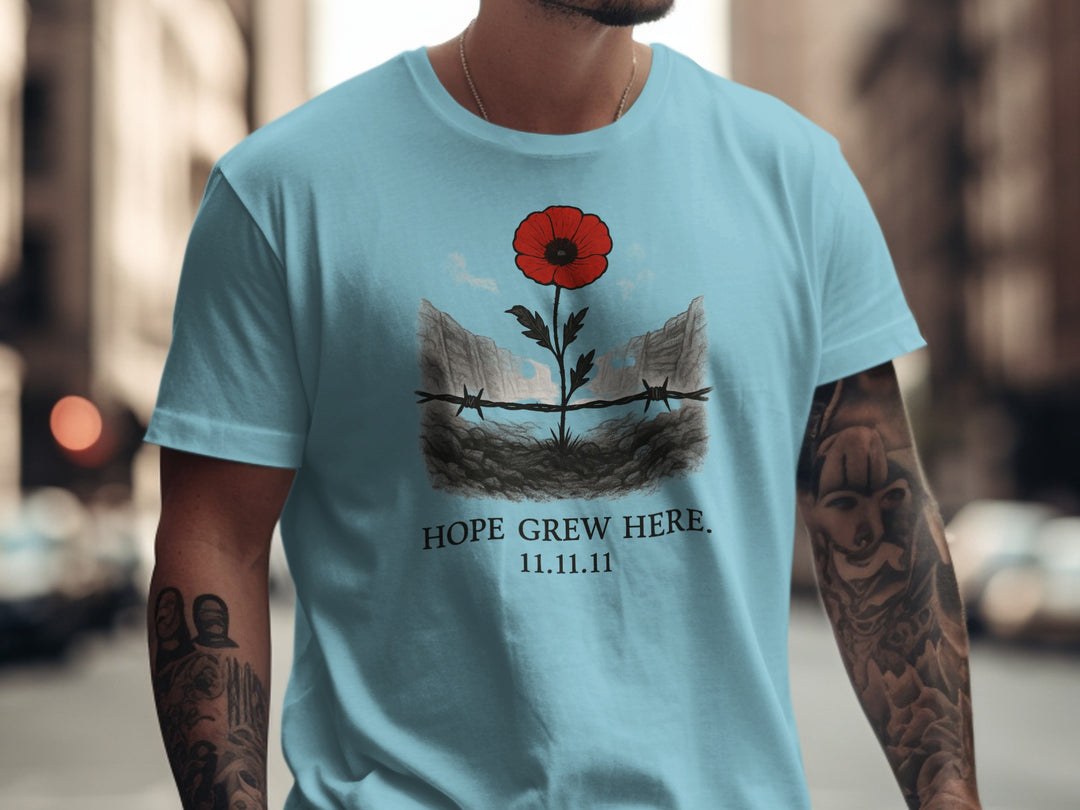 poppy growing through barbed wire trench — men’s remembrance day t-shirt