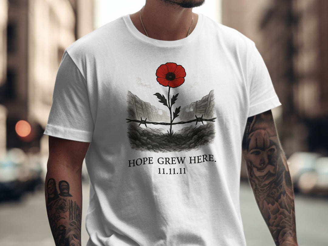poppy growing through barbed wire trench — men’s remembrance day t-shirt