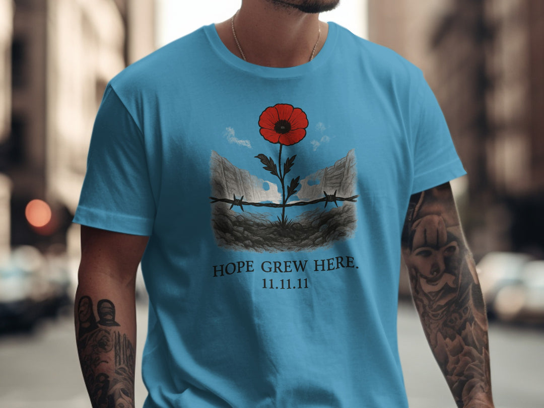 poppy growing through barbed wire trench — men’s remembrance day t-shirt