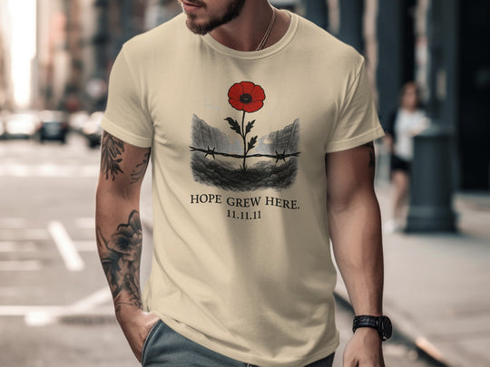 poppy growing through barbed wire trench — men’s remembrance day t-shirt