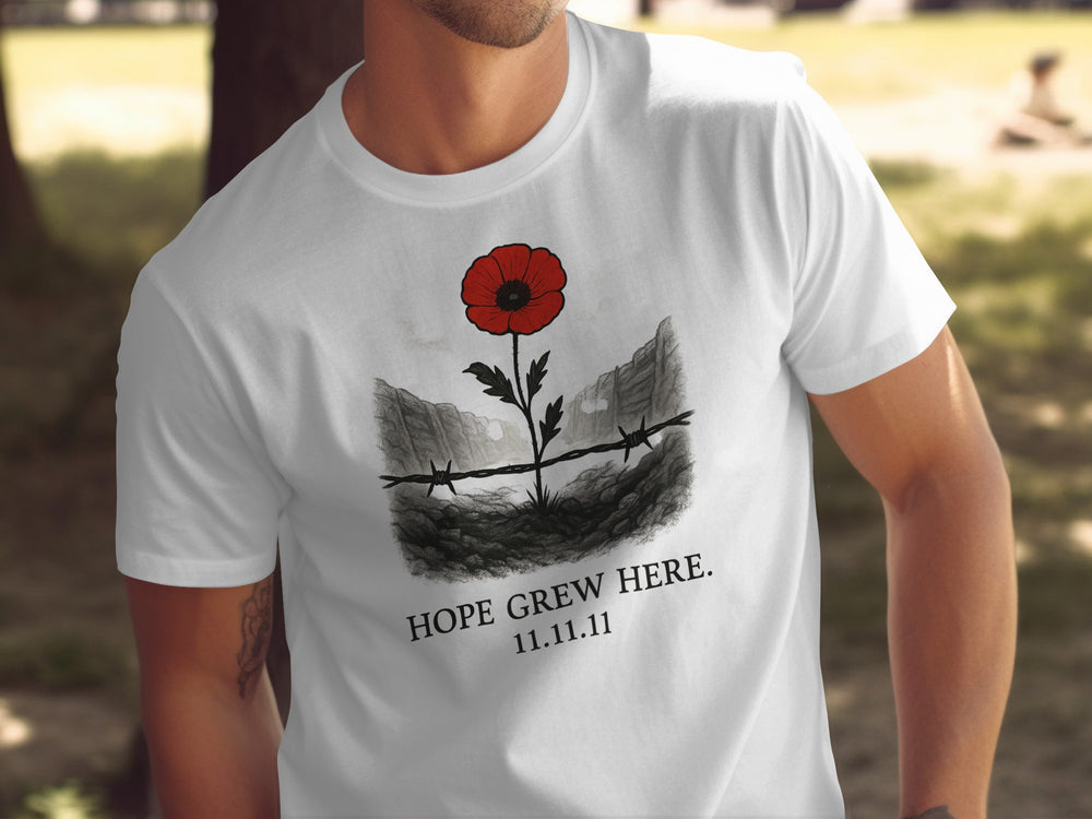 poppy growing through barbed wire trench — men’s remembrance day t-shirt