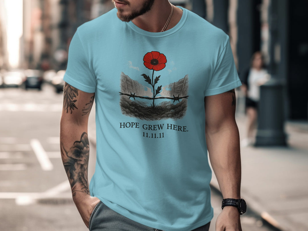 poppy growing through barbed wire trench — men’s remembrance day t-shirt