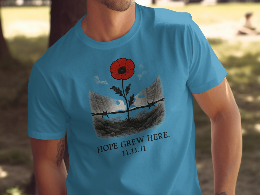 poppy growing through barbed wire trench — men’s remembrance day t-shirt