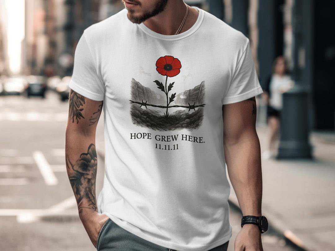 poppy growing through barbed wire trench — men’s remembrance day t-shirt