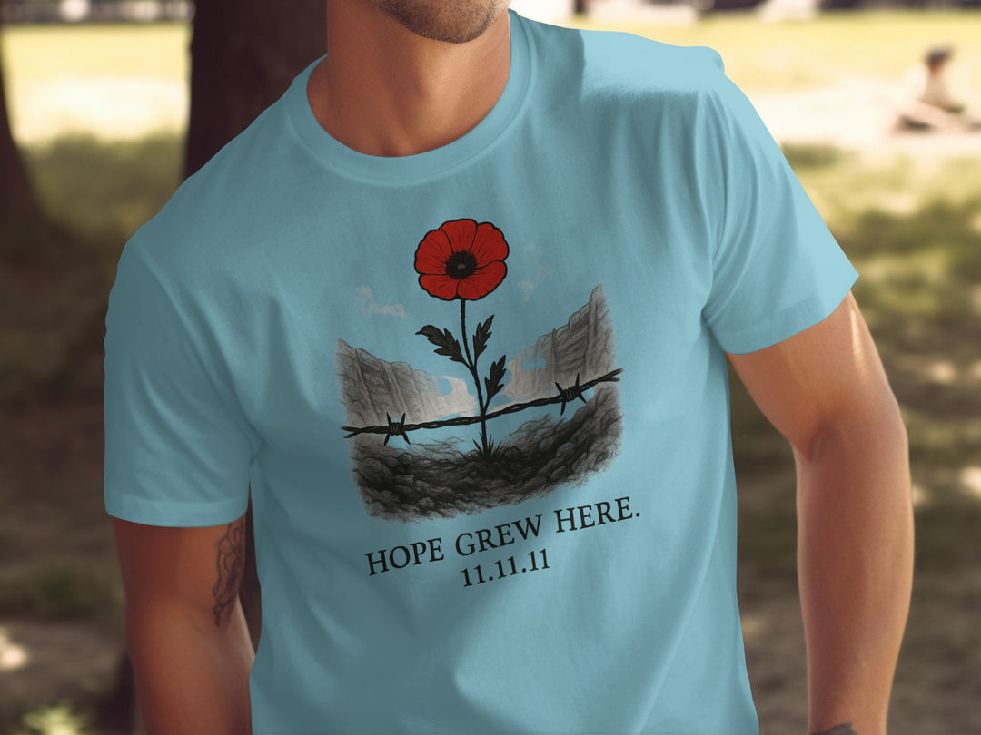poppy growing through barbed wire trench — men’s remembrance day t-shirt