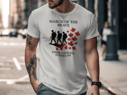 remembrance day men’s t-shirt with marching soldiers and red maple leaves