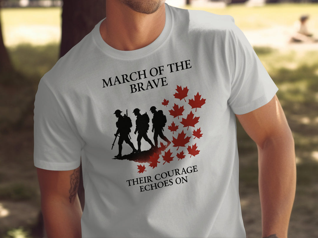 remembrance day men’s t-shirt with marching soldiers and red maple leaves