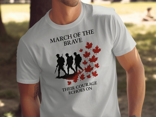 remembrance day men’s t-shirt with marching soldiers and red maple leaves