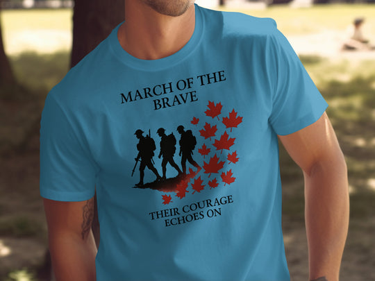 remembrance day men’s t-shirt with marching soldiers and red maple leaves