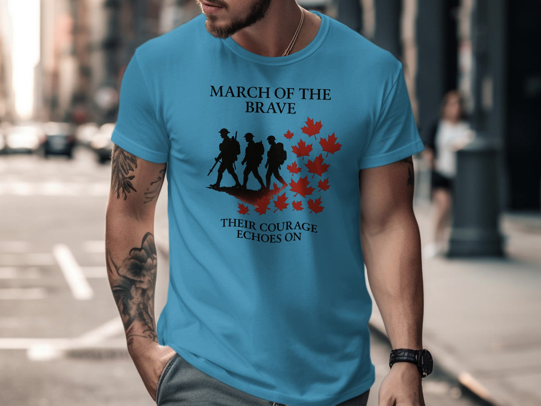 remembrance day men’s t-shirt with marching soldiers and red maple leaves