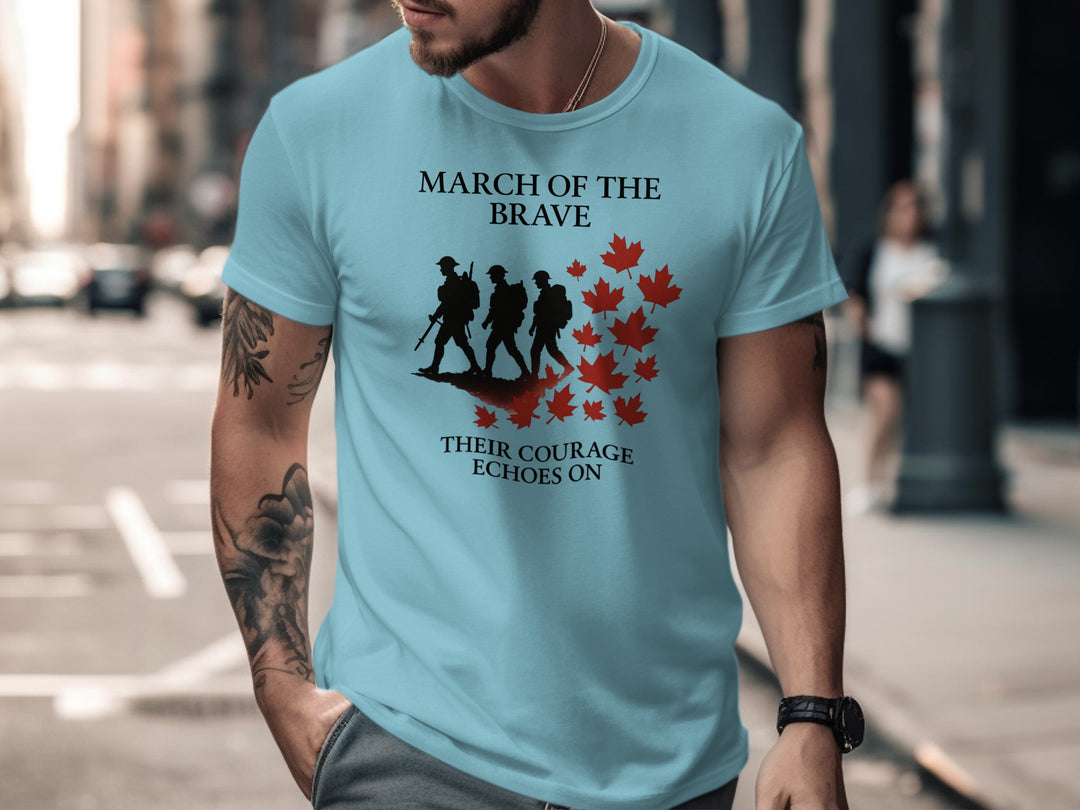 remembrance day men’s t-shirt with marching soldiers and red maple leaves