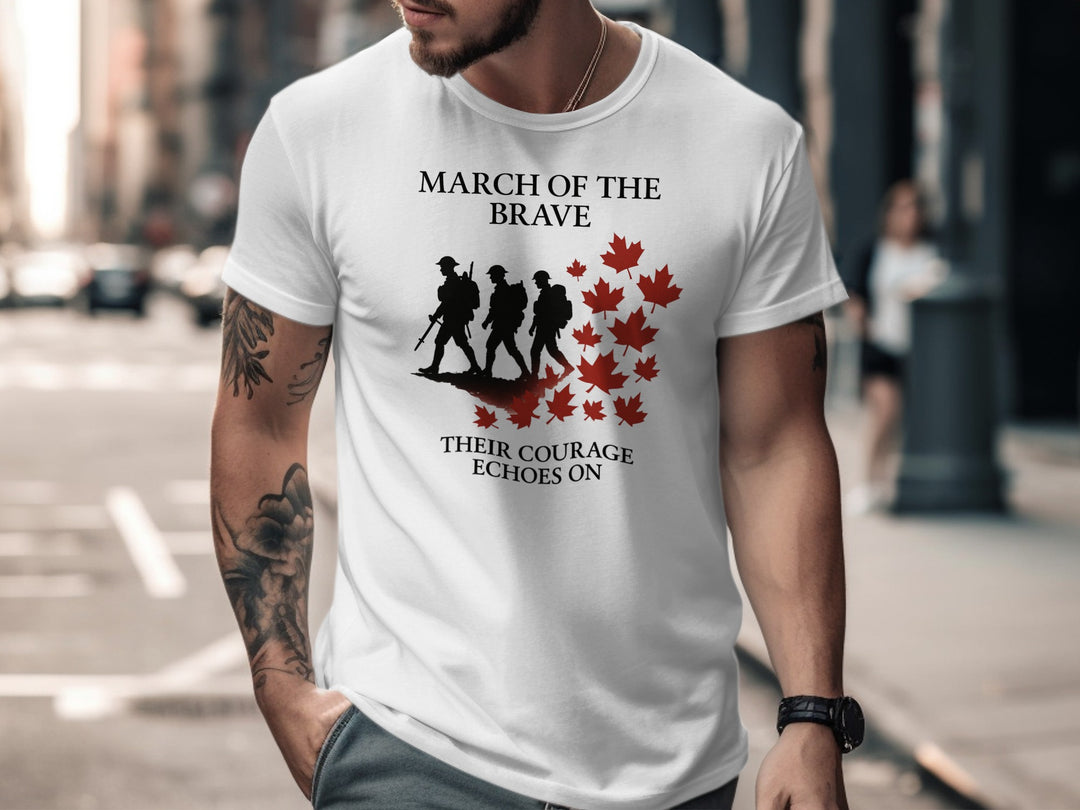 remembrance day men’s t-shirt with marching soldiers and red maple leaves