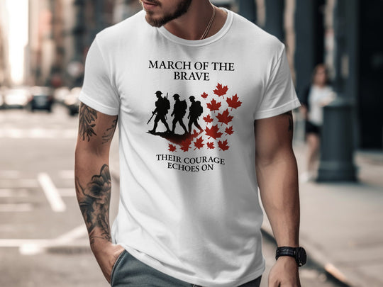remembrance day men’s t-shirt with marching soldiers and red maple leaves