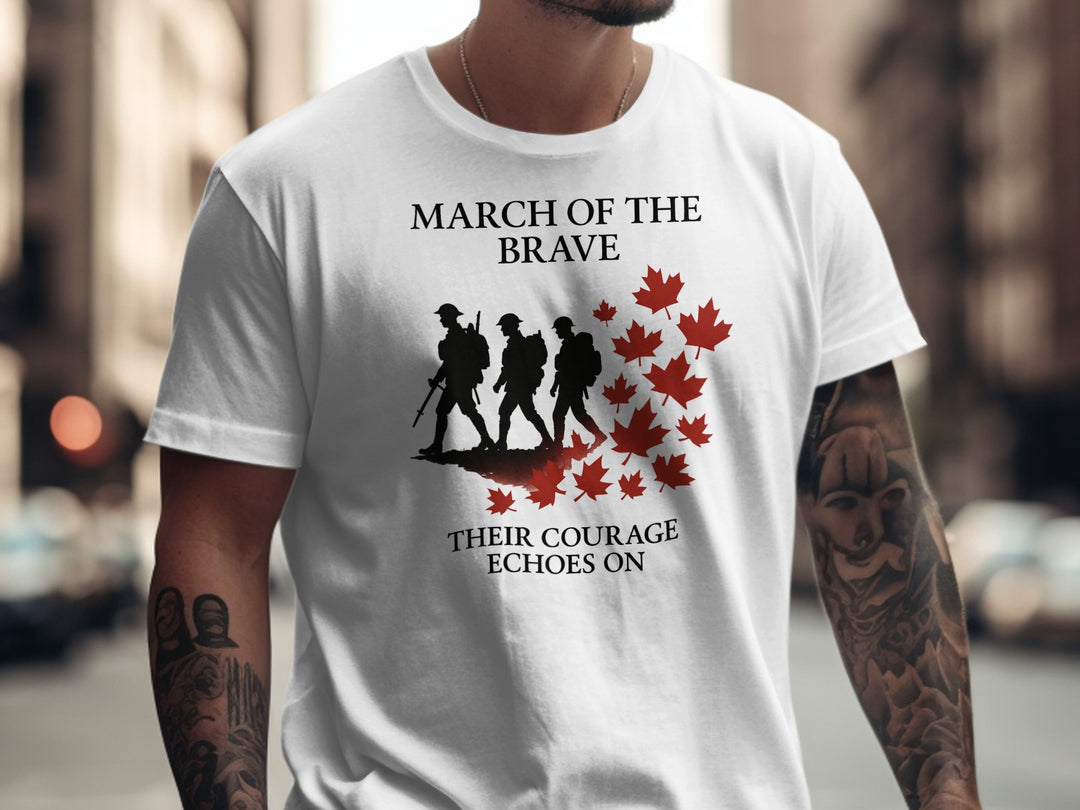 remembrance day men’s t-shirt with marching soldiers and red maple leaves