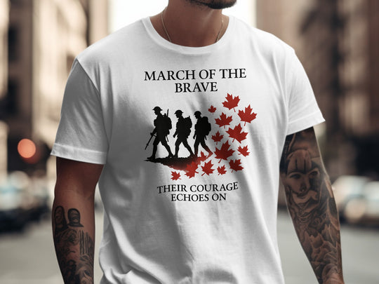 remembrance day men’s t-shirt with marching soldiers and red maple leaves