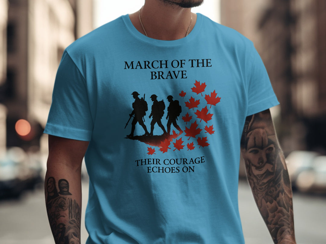 remembrance day men’s t-shirt with marching soldiers and red maple leaves