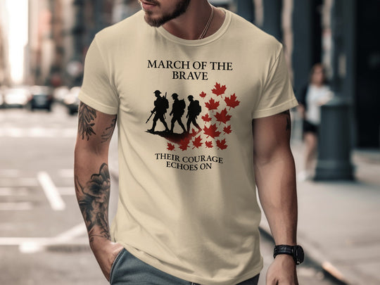 remembrance day men’s t-shirt with marching soldiers and red maple leaves