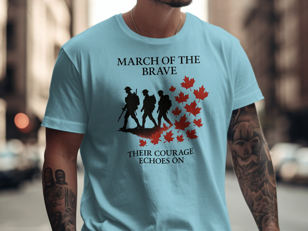 remembrance day men’s t-shirt with marching soldiers and red maple leaves