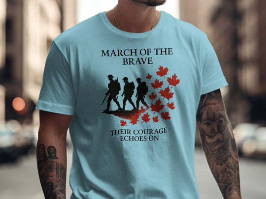 remembrance day men’s t-shirt with marching soldiers and red maple leaves