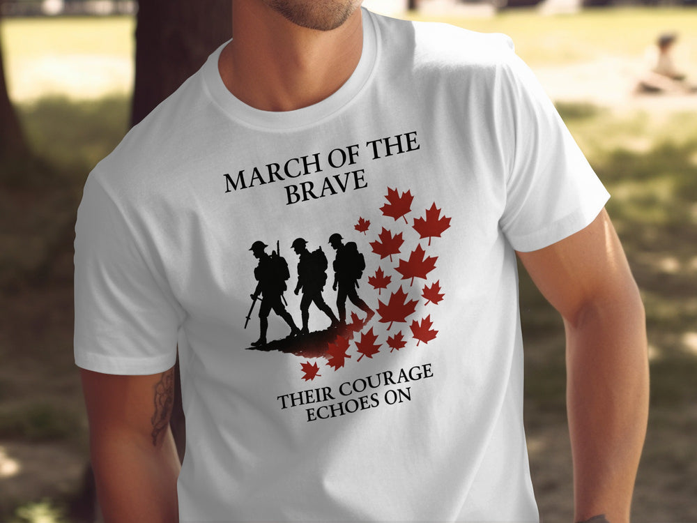 remembrance day men’s t-shirt with marching soldiers and red maple leaves