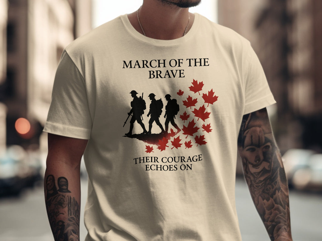 remembrance day men’s t-shirt with marching soldiers and red maple leaves