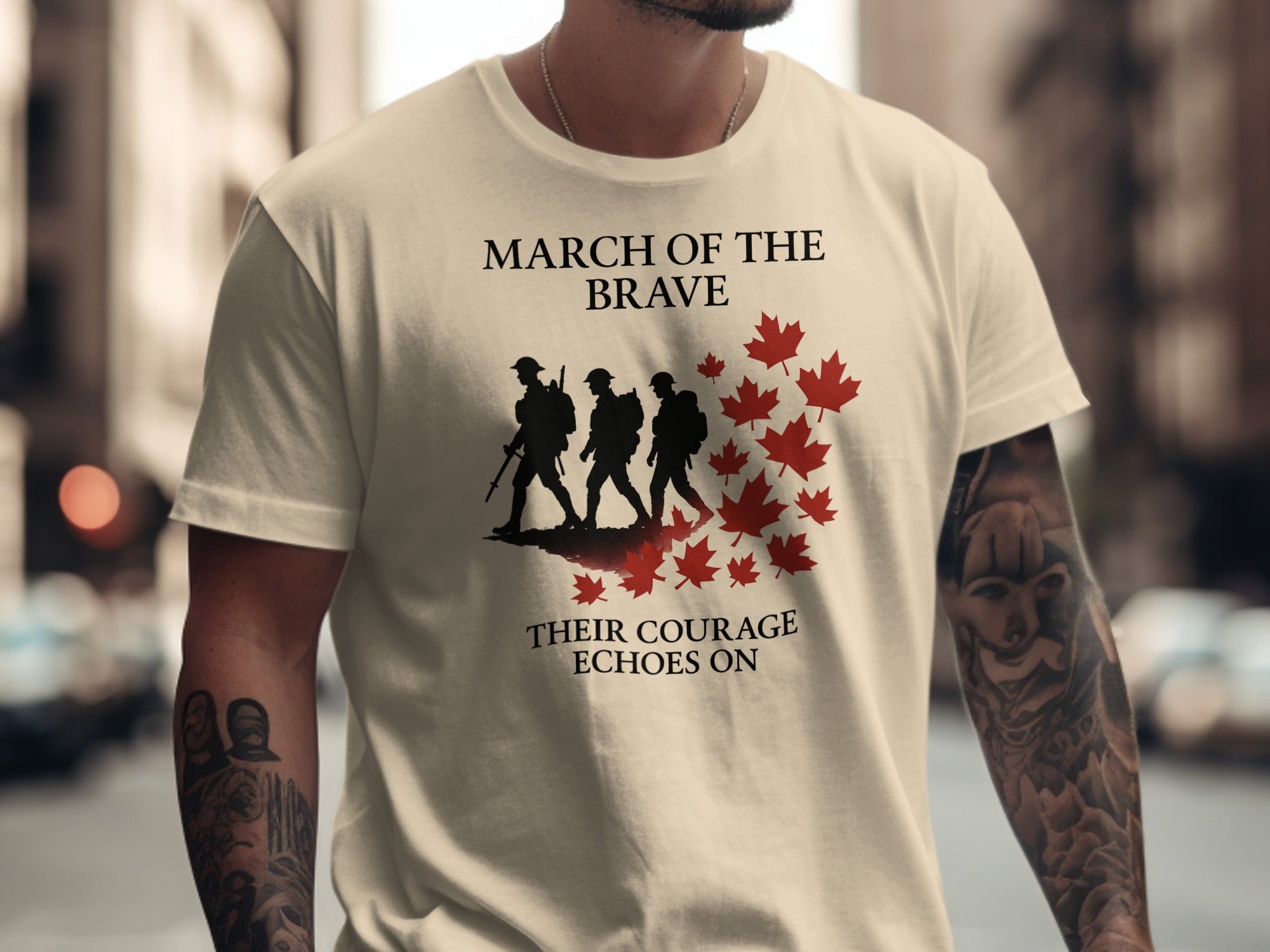 remembrance day men’s t-shirt with marching soldiers and red maple leaves