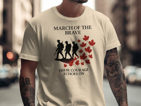 remembrance day men’s t-shirt with marching soldiers and red maple leaves