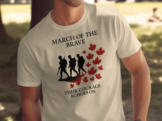 remembrance day men’s t-shirt with marching soldiers and red maple leaves