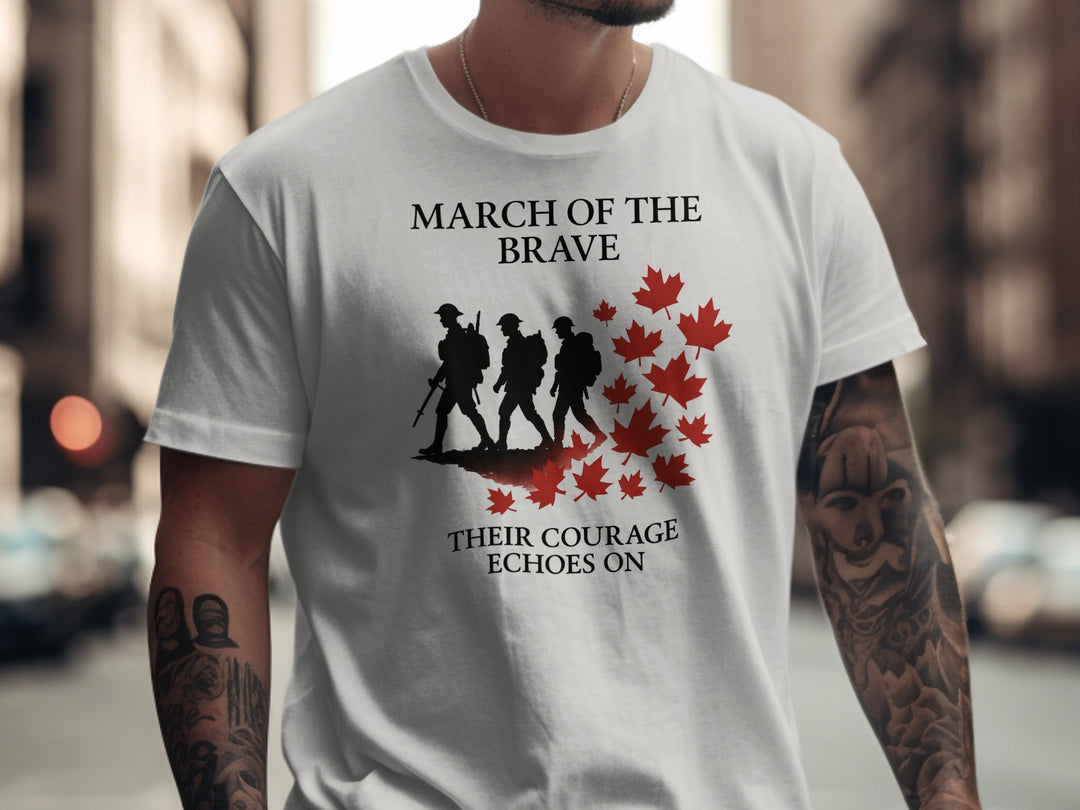 remembrance day men’s t-shirt with marching soldiers and red maple leaves